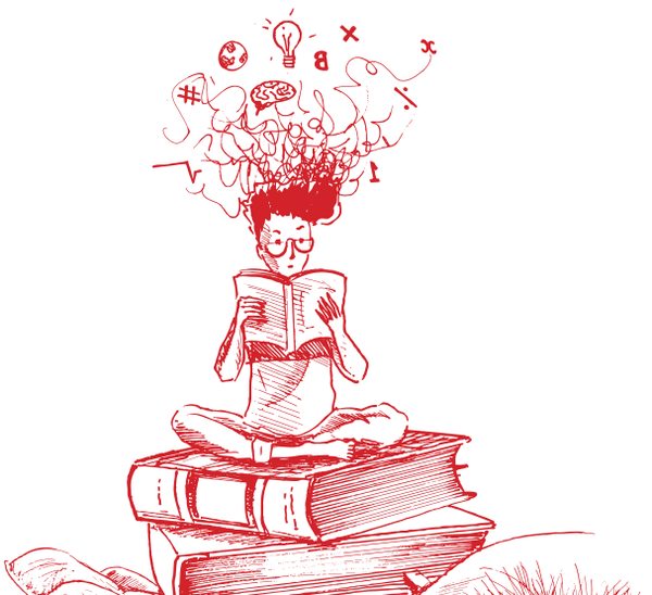 Pessoa lendo sentada sobre uma pilha de livros, com ideias explodindo da cabeça.